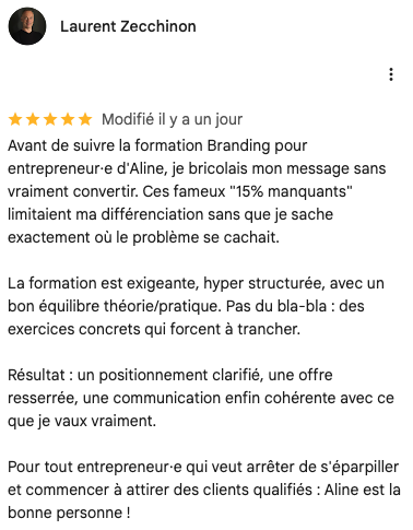 Avis client formation stratégie de marque Lady Ace Branding