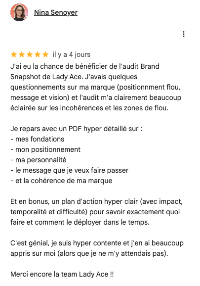 Témoignage client audit Brand Snapshot Lady Ace